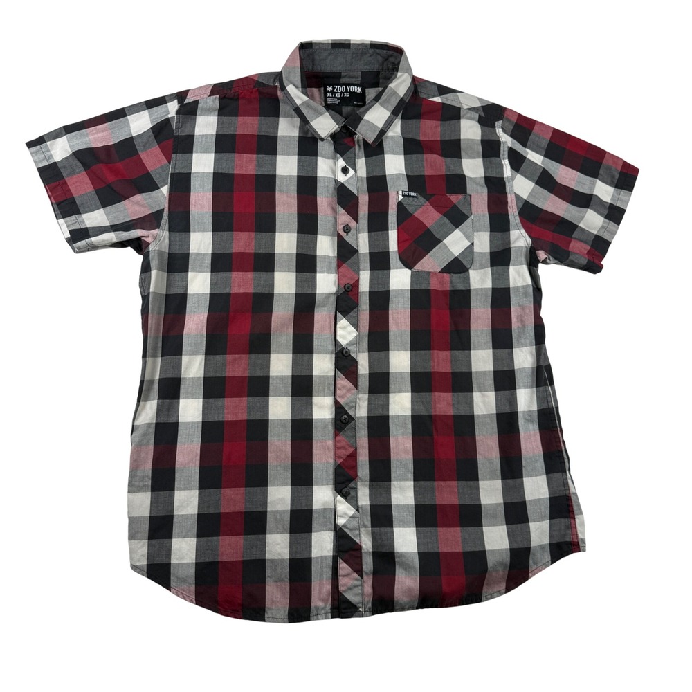 Zoo York Mens XL Plaid Button Down Shirt Short Sleeve Red Black White Skater Y2K